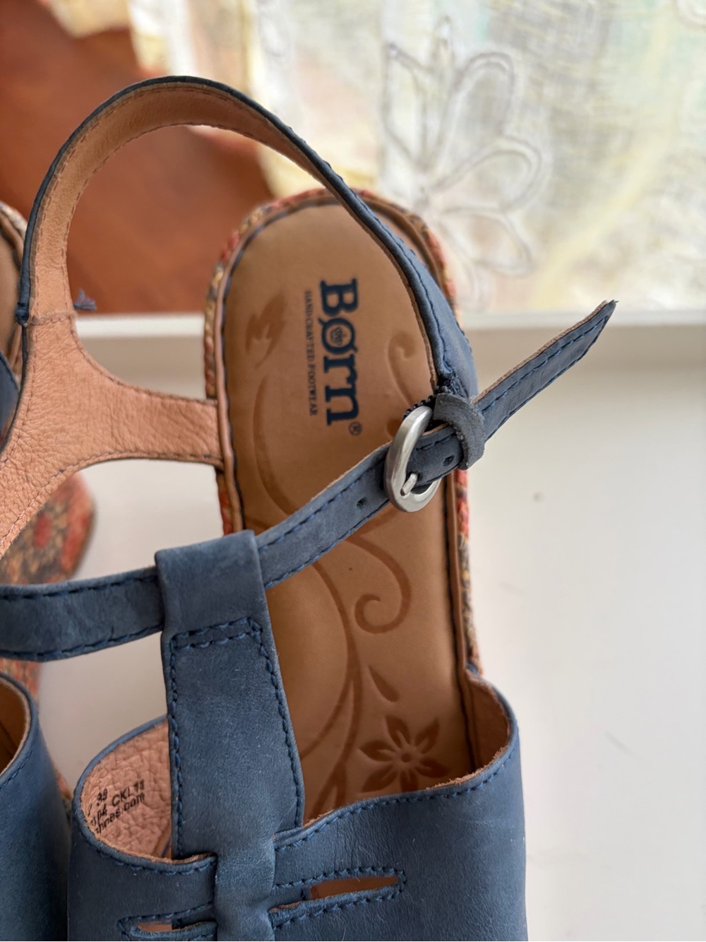 Born Navy T-Strap Wedge Sandals with Braided Trim - Picture 3 of 10